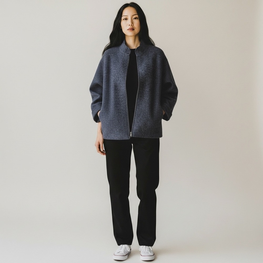 Eileen Fisher Woman 100% Wool Full Zip Jacket Charcoal Blue Marl 1X 1028W